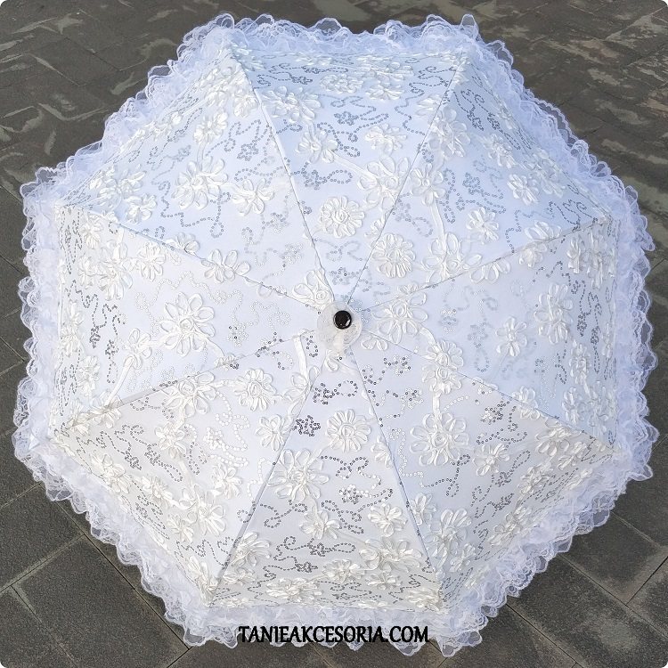 Damskie Parasol Różowy Słońce Ochrona Przed Słońcem, Parasol Haftowana Koronka Cekiny Weiß Schwarz Beige