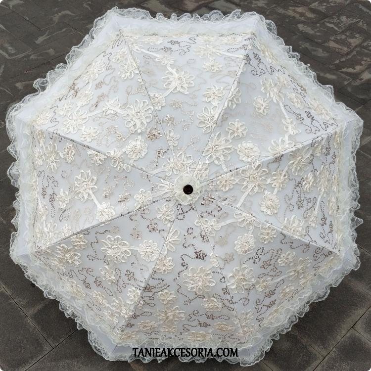 Damskie Parasol Różowy Słońce Ochrona Przed Słońcem, Parasol Haftowana Koronka Cekiny Weiß Schwarz Beige