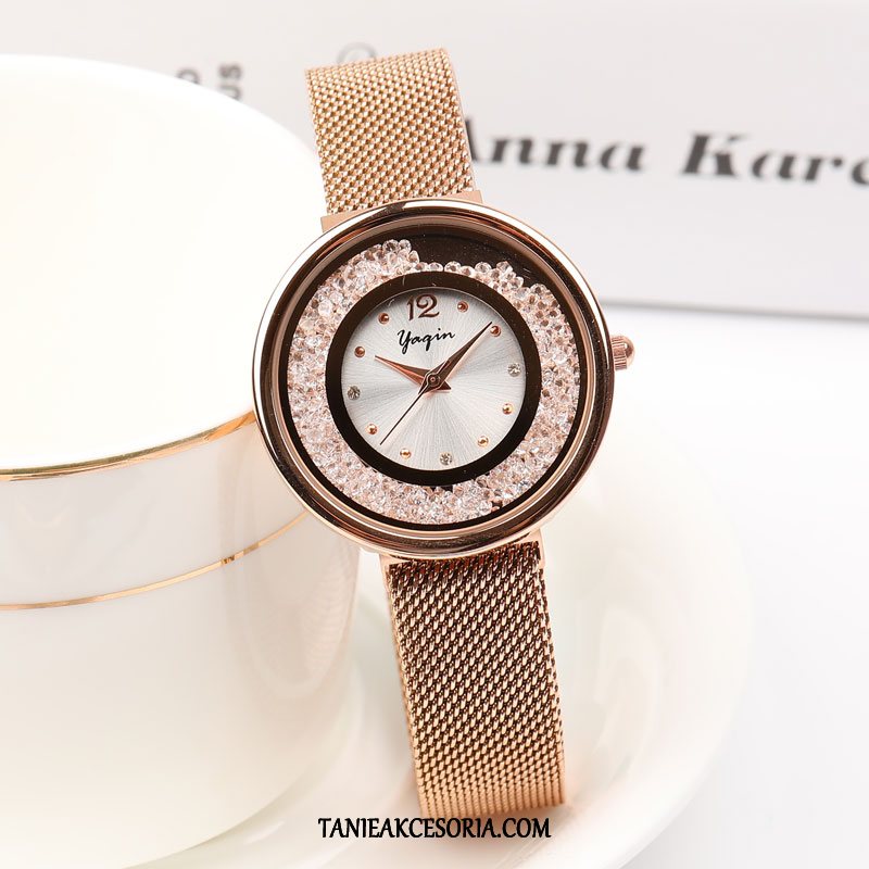 Damskie Zegarek Na Rękę Rhinestone Trendy Eleganckie, Zegarek Na Rękę Student Casual Prosty Gold Sandfarben