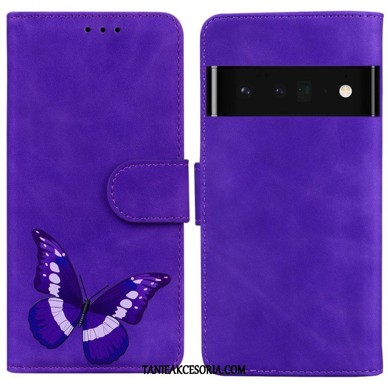 Etui Folio do Google Pixel 6 Pro Motyl Dotykający Skóry