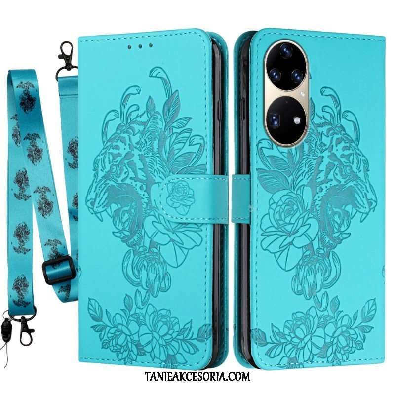 Etui Folio do Huawei P50 Pro z Łańcuch Barokowy Tygrys Z Paskami