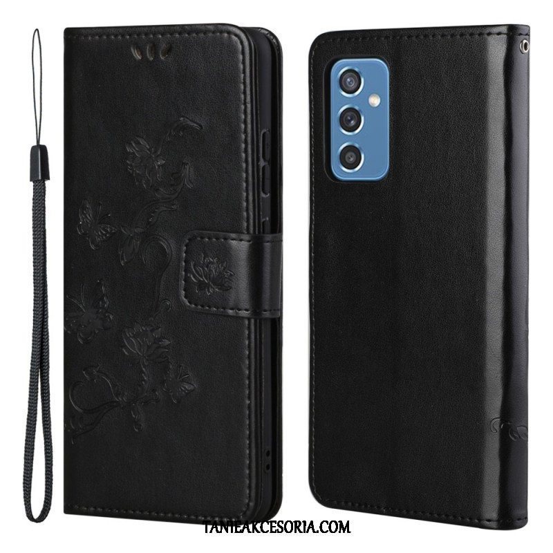 Etui Folio do Samsung Galaxy M52 5G z Łańcuch Pasek W Motyle I Kwiaty