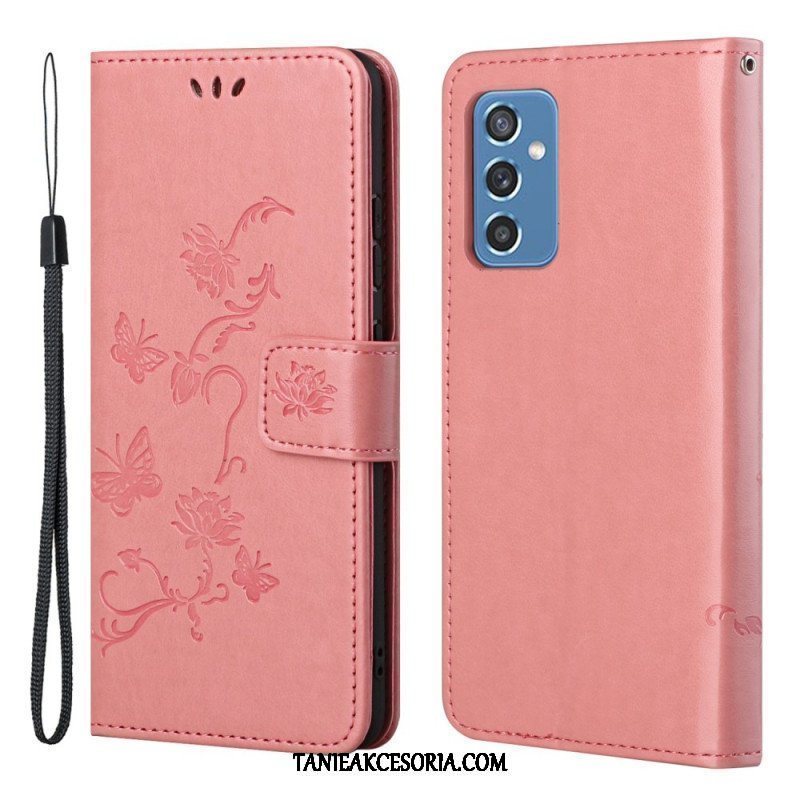 Etui Folio do Samsung Galaxy M52 5G z Łańcuch Pasek W Motyle I Kwiaty