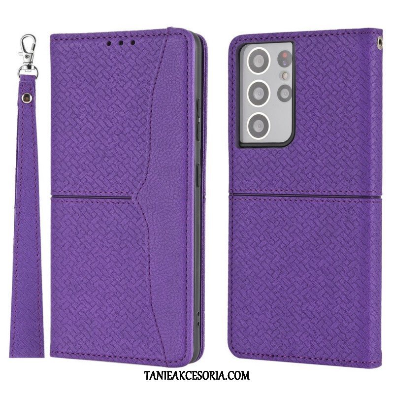 Etui Folio do Samsung Galaxy S21 Ultra 5G z Łańcuch Styl Tkanej Skóry Z Paskami