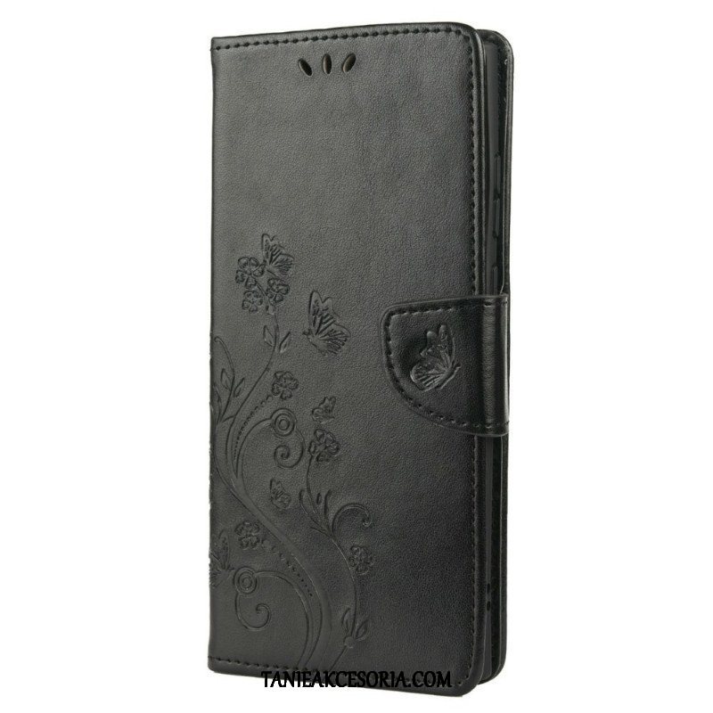 Etui Folio do Samsung Galaxy S22 Ultra 5G Motyle I Kwiaty Z Smyczem