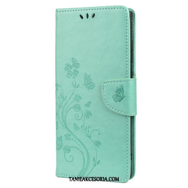 Etui Folio do Samsung Galaxy S22 Ultra 5G Motyle I Kwiaty Z Smyczem