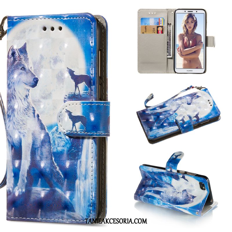 Etui Huawei Y5 2018 Niebieski Wzór Skórzany Futerał, Obudowa Huawei Y5 2018 Wspornik Ochraniacz Kolor