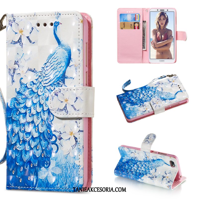 Etui Huawei Y5 2018 Niebieski Wzór Skórzany Futerał, Obudowa Huawei Y5 2018 Wspornik Ochraniacz Kolor