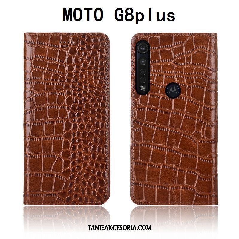 Etui Moto G8 Plus Krokodyl All Inclusive Klapa, Futerał Moto G8 Plus Anti-fall Prawdziwa Skóra Miękki Braun