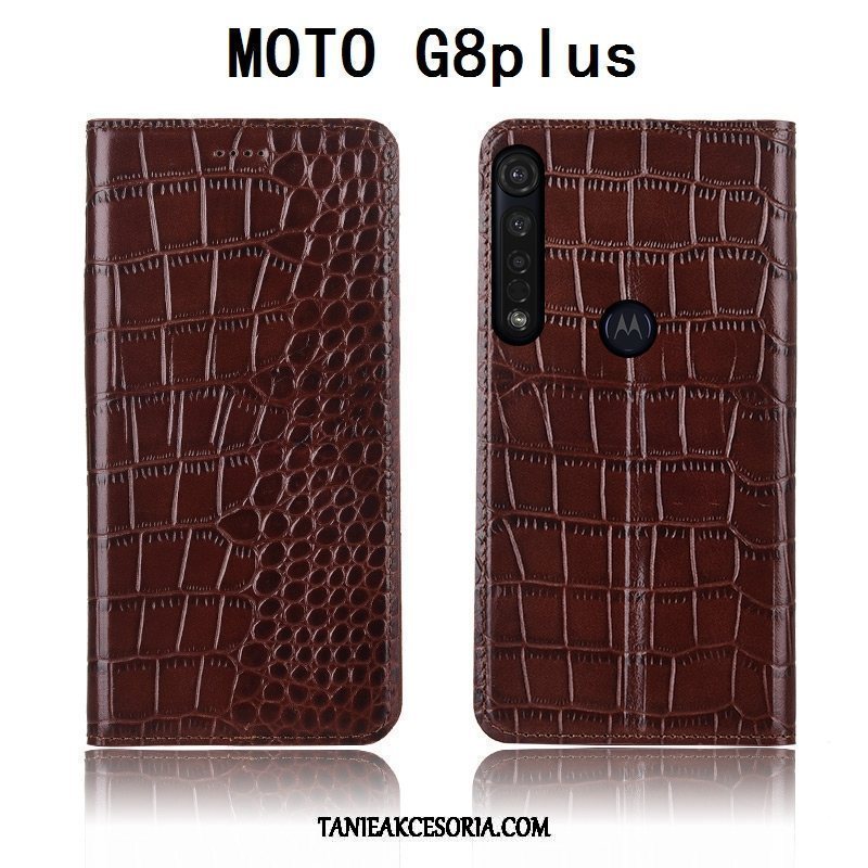 Etui Moto G8 Plus Krokodyl All Inclusive Klapa, Futerał Moto G8 Plus Anti-fall Prawdziwa Skóra Miękki Braun