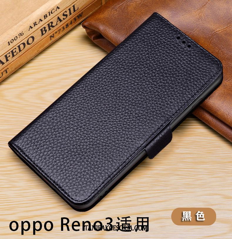 Etui Oppo Reno 3 Prawdziwa Skóra Telefon Komórkowy Ochraniacz, Pokrowce Oppo Reno 3 Anti-fall Bydło Skórzany Futerał Braun