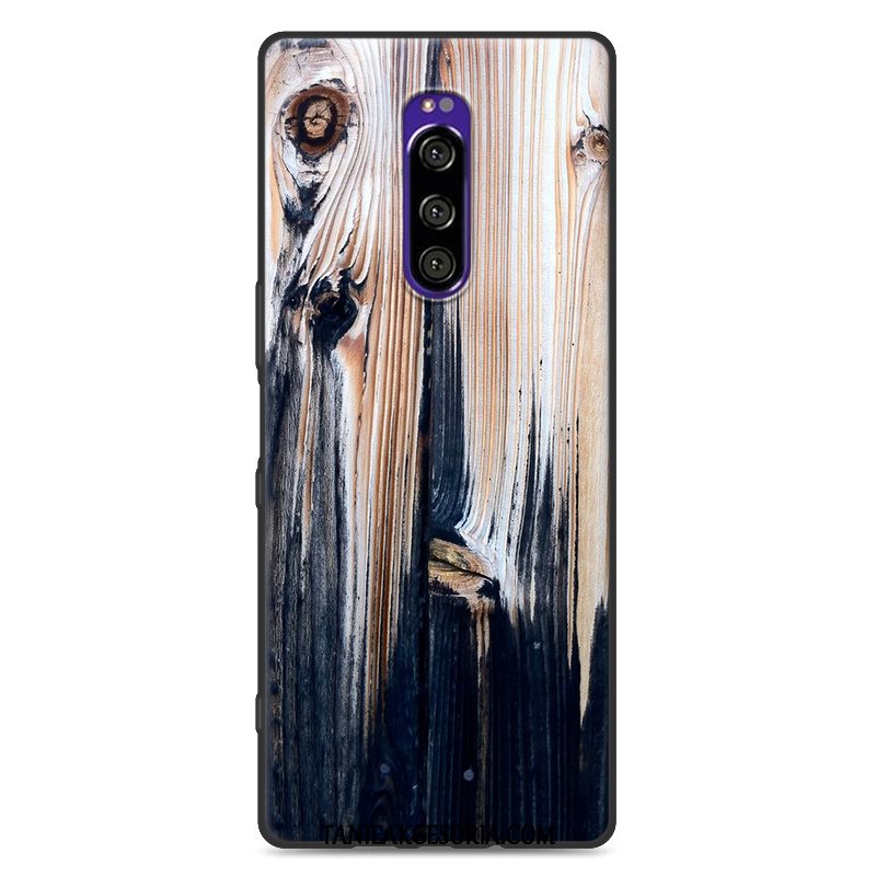 Etui Sony Xperia 1 Czarny Ziarno Drewna Anti-fall, Obudowa Sony Xperia 1 Proste Modna Marka Ochraniacz