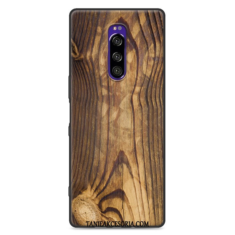 Etui Sony Xperia 1 Czarny Ziarno Drewna Anti-fall, Obudowa Sony Xperia 1 Proste Modna Marka Ochraniacz