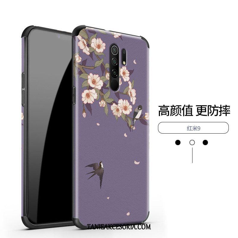 Etui Xiaomi Redmi 9 All Inclusive Kwiaty Wzór, Obudowa Xiaomi Redmi 9 Proste Czerwony Ochraniacz Beige