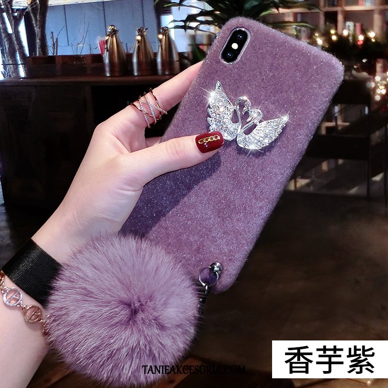 Etui iPhone X Purpurowy Futrzany Pompon Nowy, Obudowa iPhone X Rhinestone Modna Marka Miękki