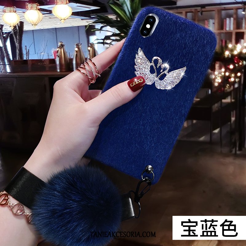 Etui iPhone X Purpurowy Futrzany Pompon Nowy, Obudowa iPhone X Rhinestone Modna Marka Miękki