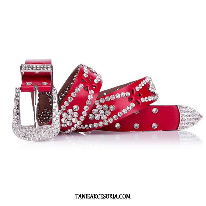 Damskie Paski Dżinsy Damska Rhinestone, Paski Damska Prawdziwa Skóra Dekoracja Rot Weiß Schwarz