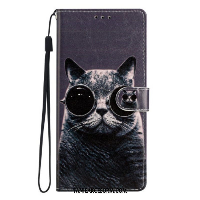 Etui Folio do Moto G73 5G z Łańcuch Okulary Z Paskami Cat