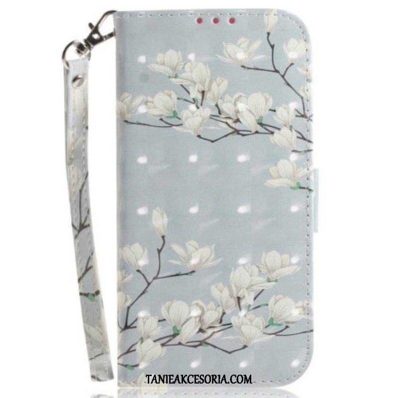 Etui Folio do OnePlus Nord 2T 5G z Łańcuch Kwiaty Magnolii W Paski