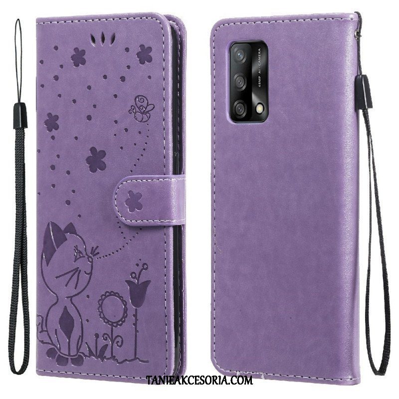 Etui Folio do Oppo A74 4G z Łańcuch Kot I Pszczoła Z Smyczą