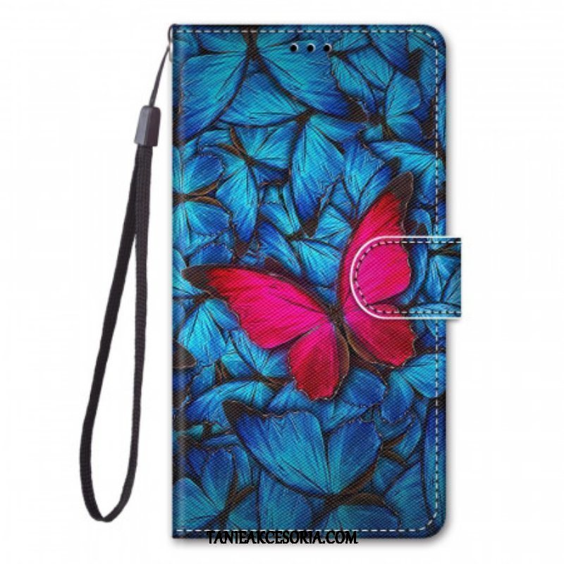 Etui Folio do Samsung Galaxy M23 5G Czerwony Motyl Niebieskim Tle