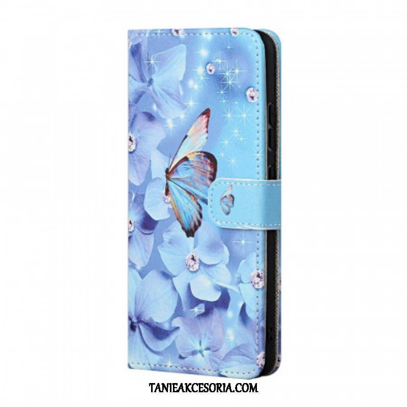 Etui Folio do Samsung Galaxy M23 5G z Łańcuch Diamentowe Motyle Na Ramiączkach