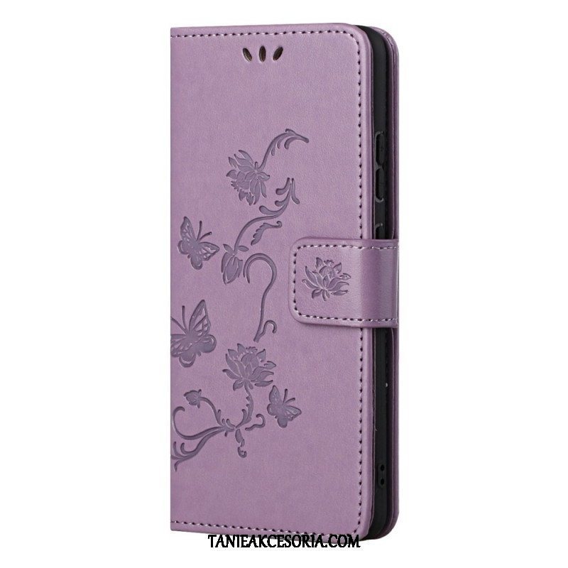 Etui Folio do Samsung Galaxy M52 5G z Łańcuch Pasek W Motyle I Kwiaty