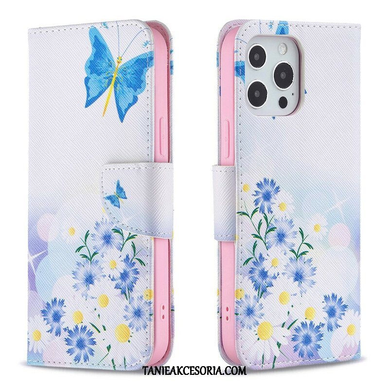 Etui Folio do iPhone 13 Pro Max Malowane Motyle I Kwiaty