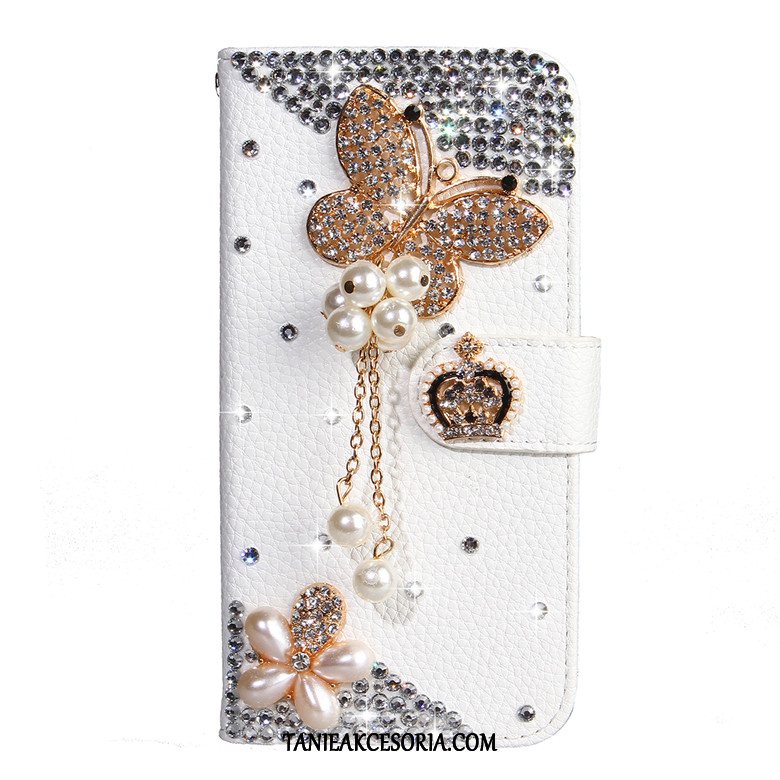 Etui Samsung Galaxy A30s Skórzany Futerał Rhinestone Kwiaty Motyla, Pokrowce Samsung Galaxy A30s Telefon Komórkowy Biały Gwiazda