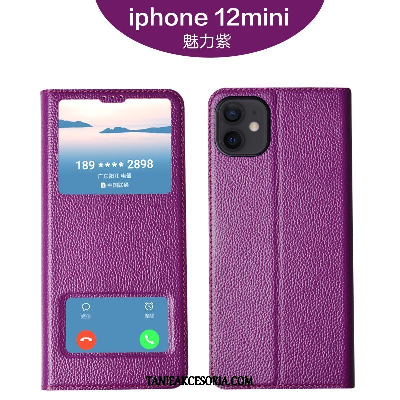 Etui iPhone 12 Mini Telefon Komórkowy Skórzany Futerał Purpurowy, Obudowa iPhone 12 Mini Skóra All Inclusive Ochraniacz